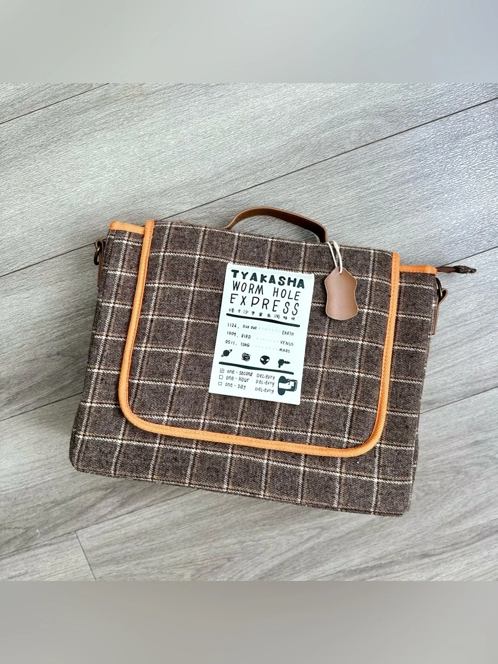 TYAKASHA Worm Hole Express Brown Plaid Tweed Satchel Laptop Bag